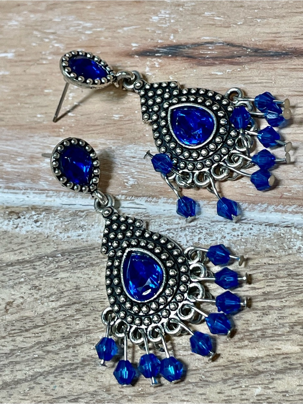 Blue Teardrop Bohemian Dangle Earrings - Silver-Tone Chandelier
